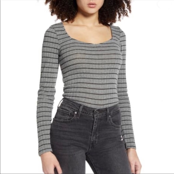 Project Social T Kimora Sweetheart Knit Top Gray with Black Stripes - Picture 1 of 12